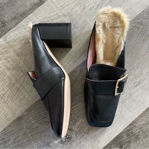 Women's Black Leather Mule Heel with Faux Fur Lining